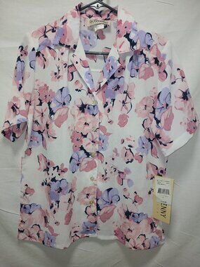 Donnkenny Classics Floral Button‑Front Blouse Small | Pink Purple Garden Print T